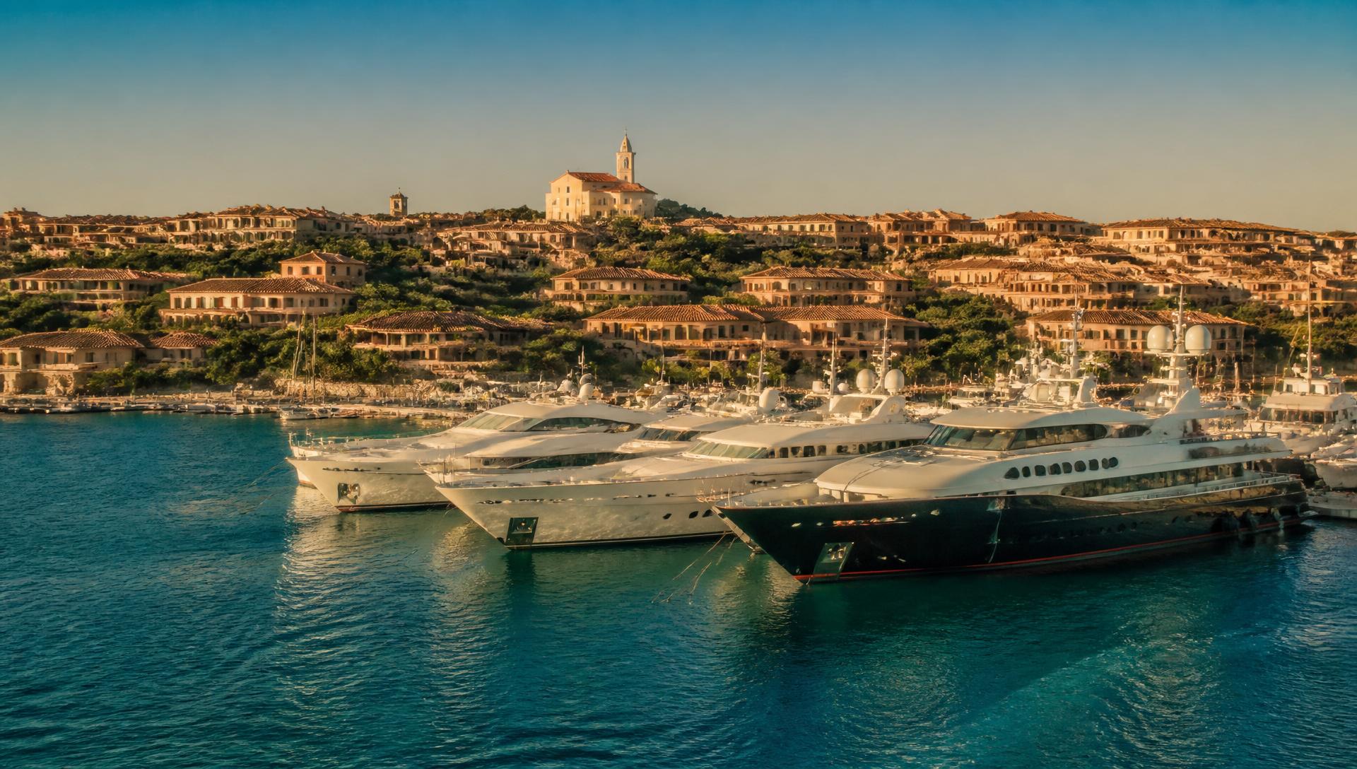 Porto Cervo marina with luxury superyachts in turquoise water