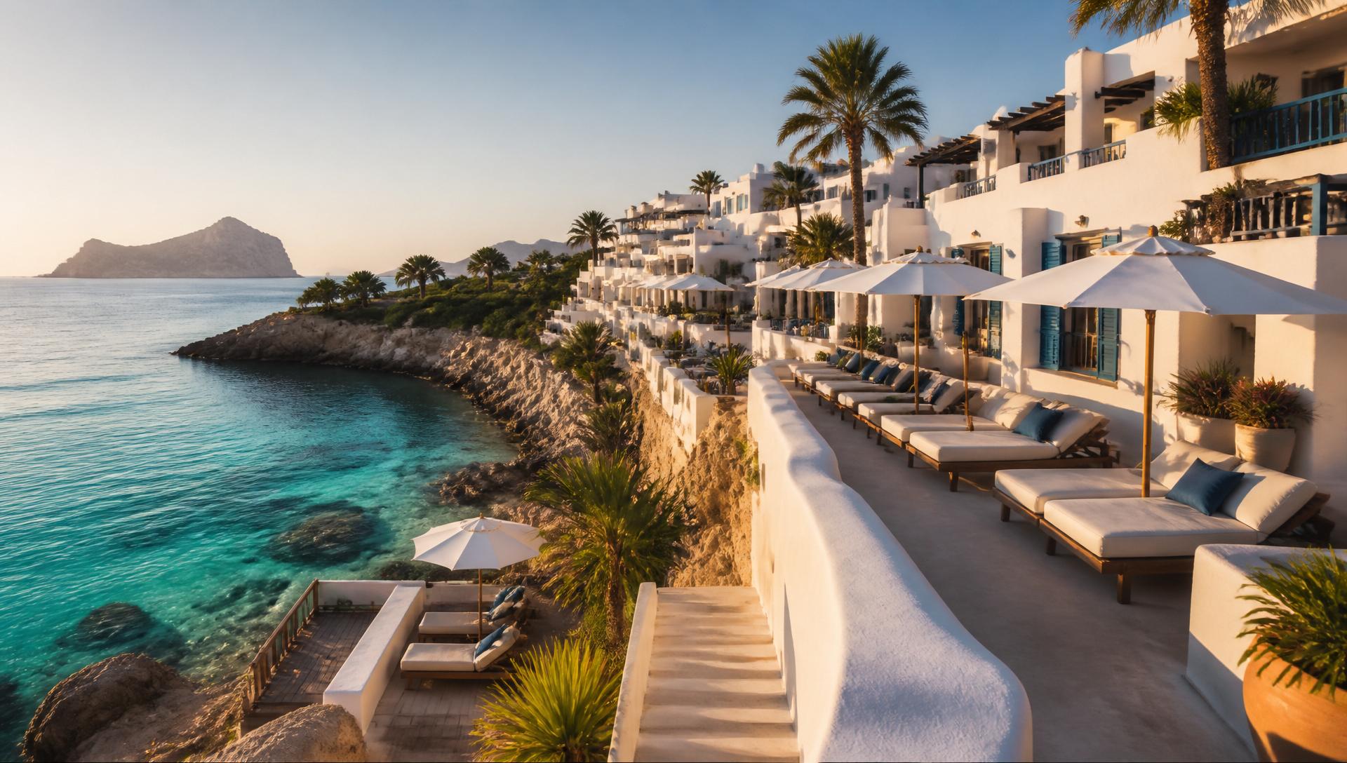 Ibiza luxury beach club with white architecture and crystal clear water