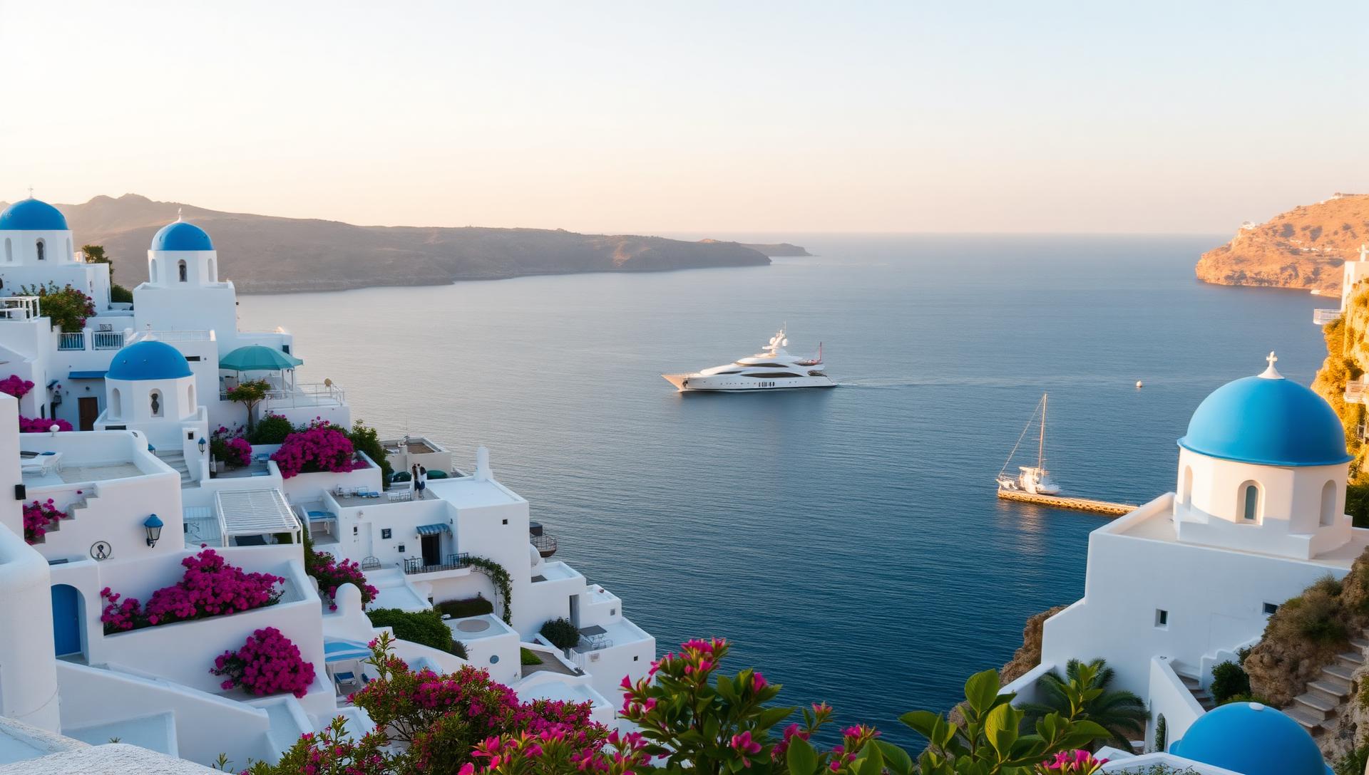 Mykonos whitewashed cliffside with blue domes and Aegean sea