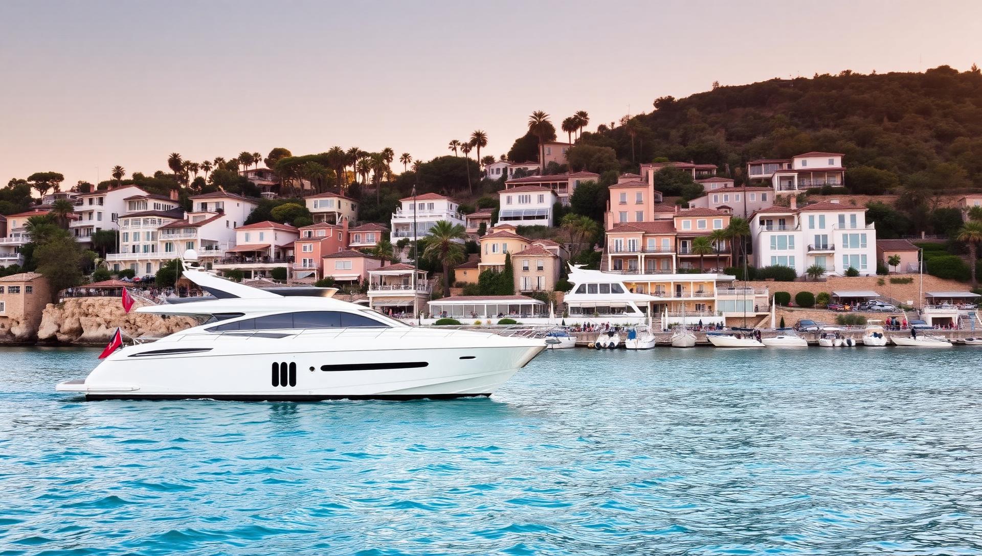 St Tropez harbor with luxury yacht and pastel villas at sunset